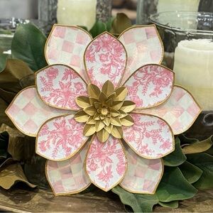 Hand Crafted Metal Flower Wall Decor 13” Rosy Check and Pink Toile